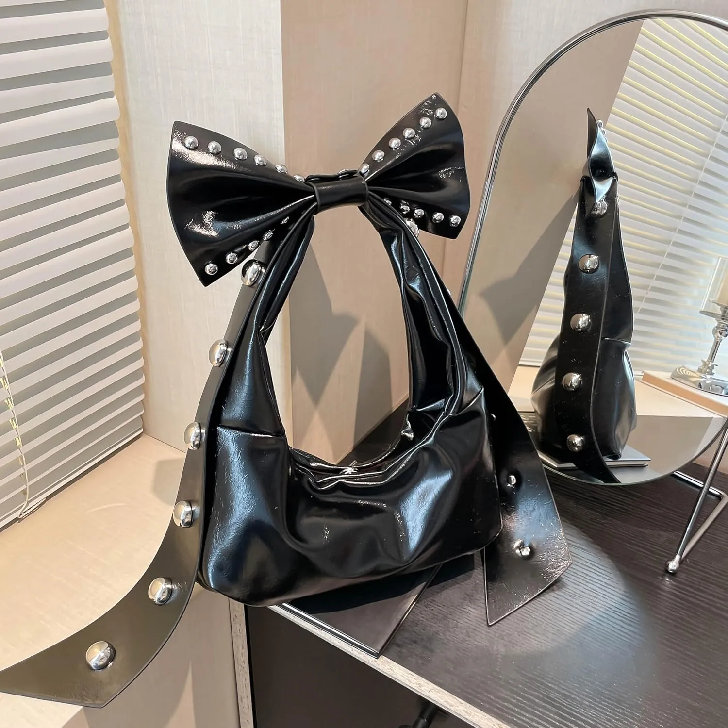 Rivets Bow Y2K Hobos Handbag and Purses for Women Trendy Shoulder Bag with Removable Bow