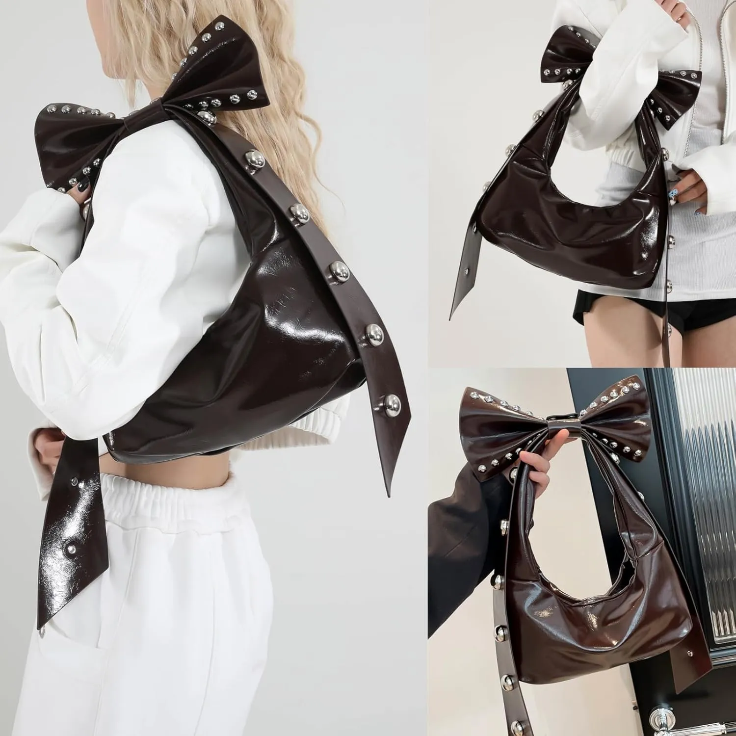 Rivets Bow Y2K Hobos Handbag and Purses for Women Trendy Shoulder Bag with Removable Bow