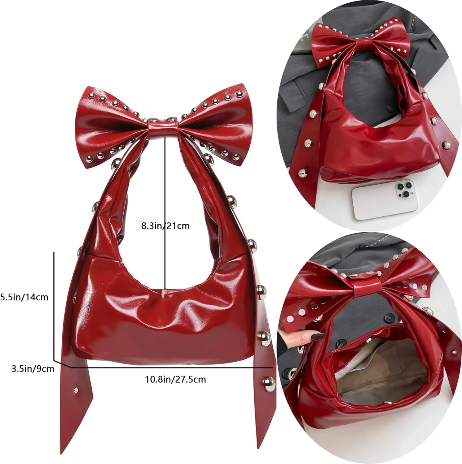Rivets Bow Y2K Hobos Handbag and Purses for Women Trendy Shoulder Bag with Removable Bow