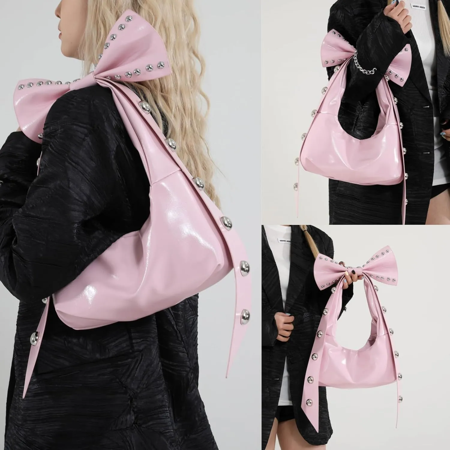 Rivets Bow Y2K Hobos Handbag and Purses for Women Trendy Shoulder Bag with Removable Bow