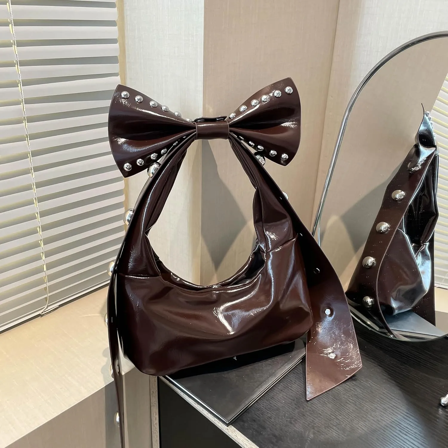 Rivets Bow Y2K Hobos Handbag and Purses for Women Trendy Shoulder Bag with Removable Bow