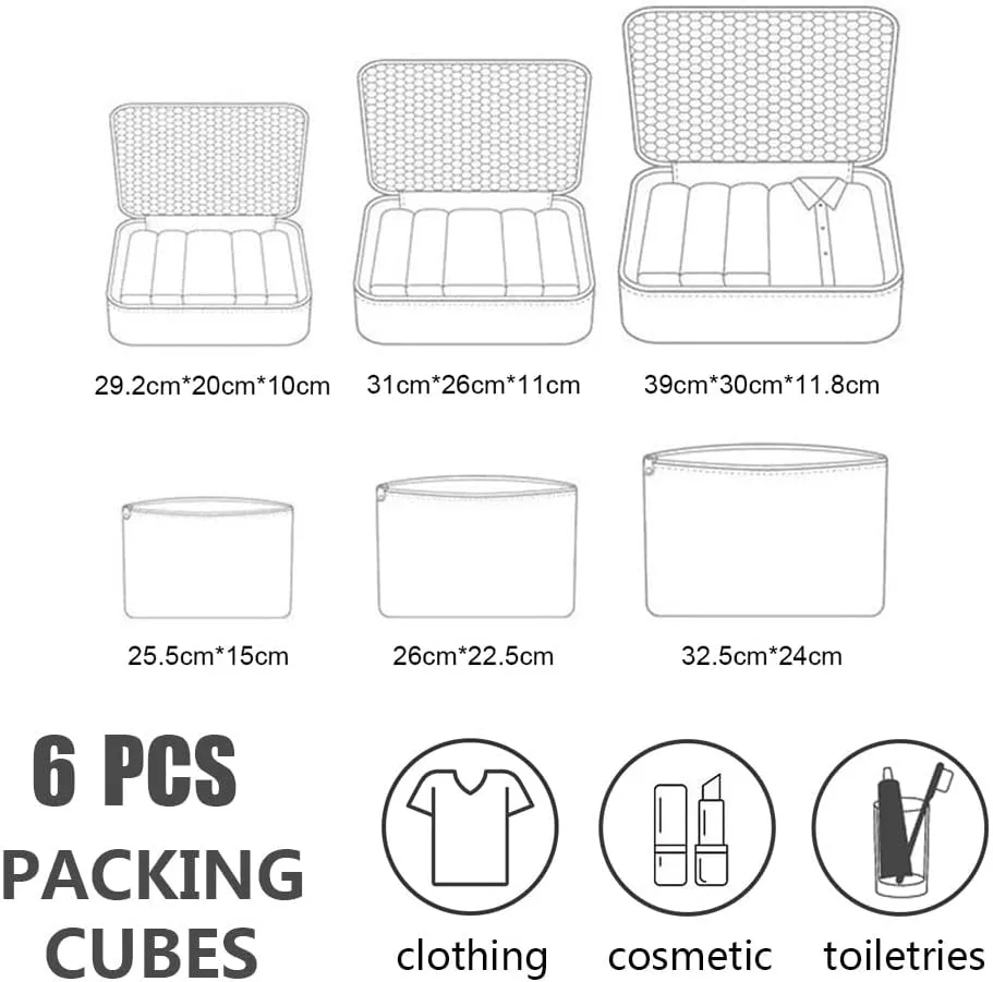 Rojeam Packing Cubes 6 Pcs Travel Luggage Organizer Packing Organizers Set (Black)