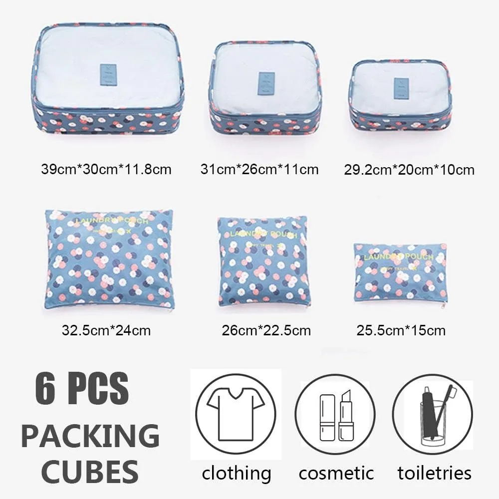 Rojeam Packing Cubes 6 Pcs Travel Luggage Organizer Packing Organizers Set (Blue Daisy)