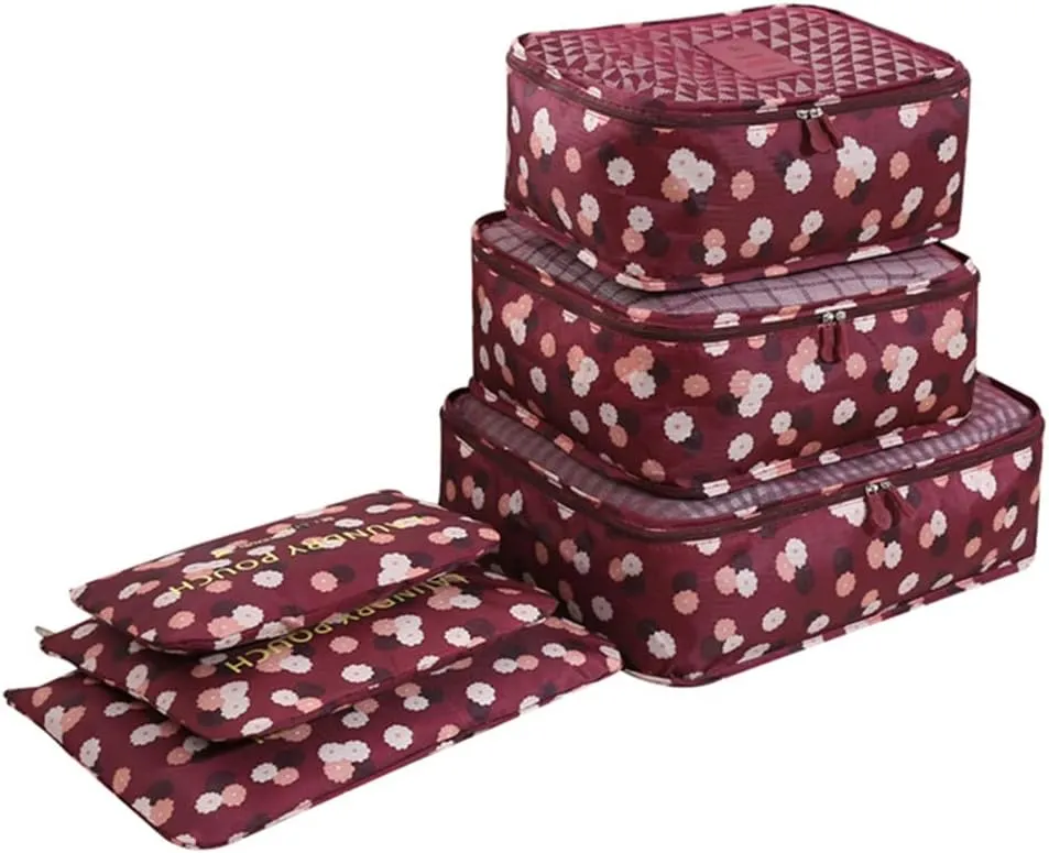 Rojeam Packing Cubes 6 Pcs Travel Luggage Organizer Packing Organizers Set (Red Daisy)