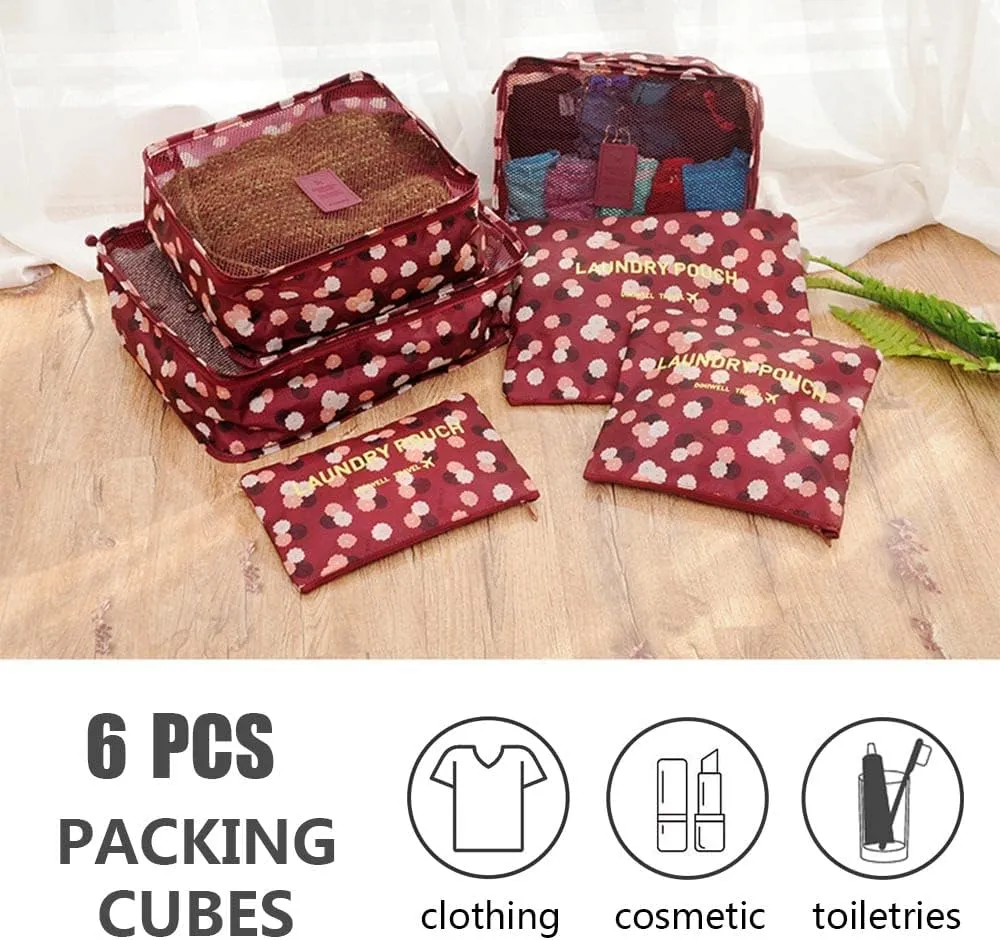 Rojeam Packing Cubes 6 Pcs Travel Luggage Organizer Packing Organizers Set (Red Daisy)