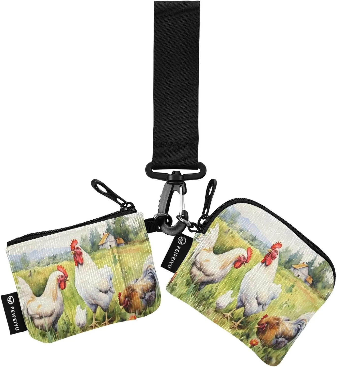 Rooster Flower Zip Around Wristlet Wallet for Women Portable Detachable Dual Pocket Keychain Wallet Wrist Wallet