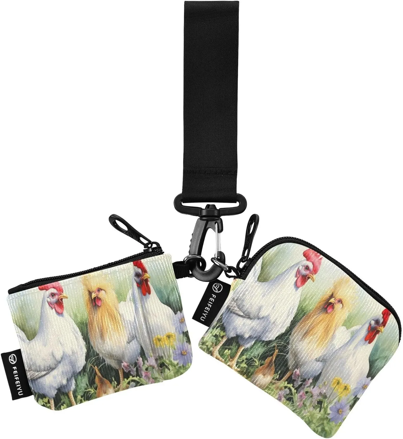 Rooster Flower Zip Around Wristlet Wallet for Women Portable Detachable Dual Pocket Keychain Wallet Wrist Wallet