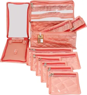 Satin Women'S MakeUp Jewellery Organizer Travel Kit For Pendant Necklace Zipper Pouch with 9 Transparent Pouches Bag Case (Peach)