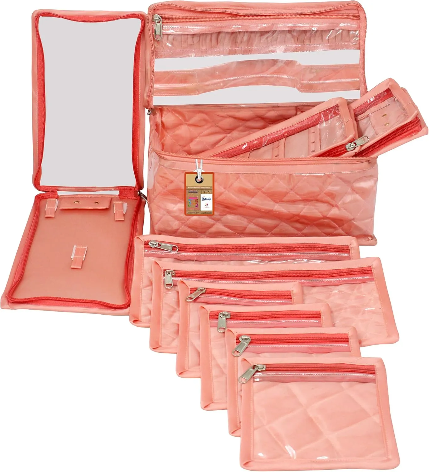 Satin Women'S MakeUp Jewellery Organizer Travel Kit For Pendant Necklace Zipper Pouch with 9 Transparent Pouches Bag Case (Peach)