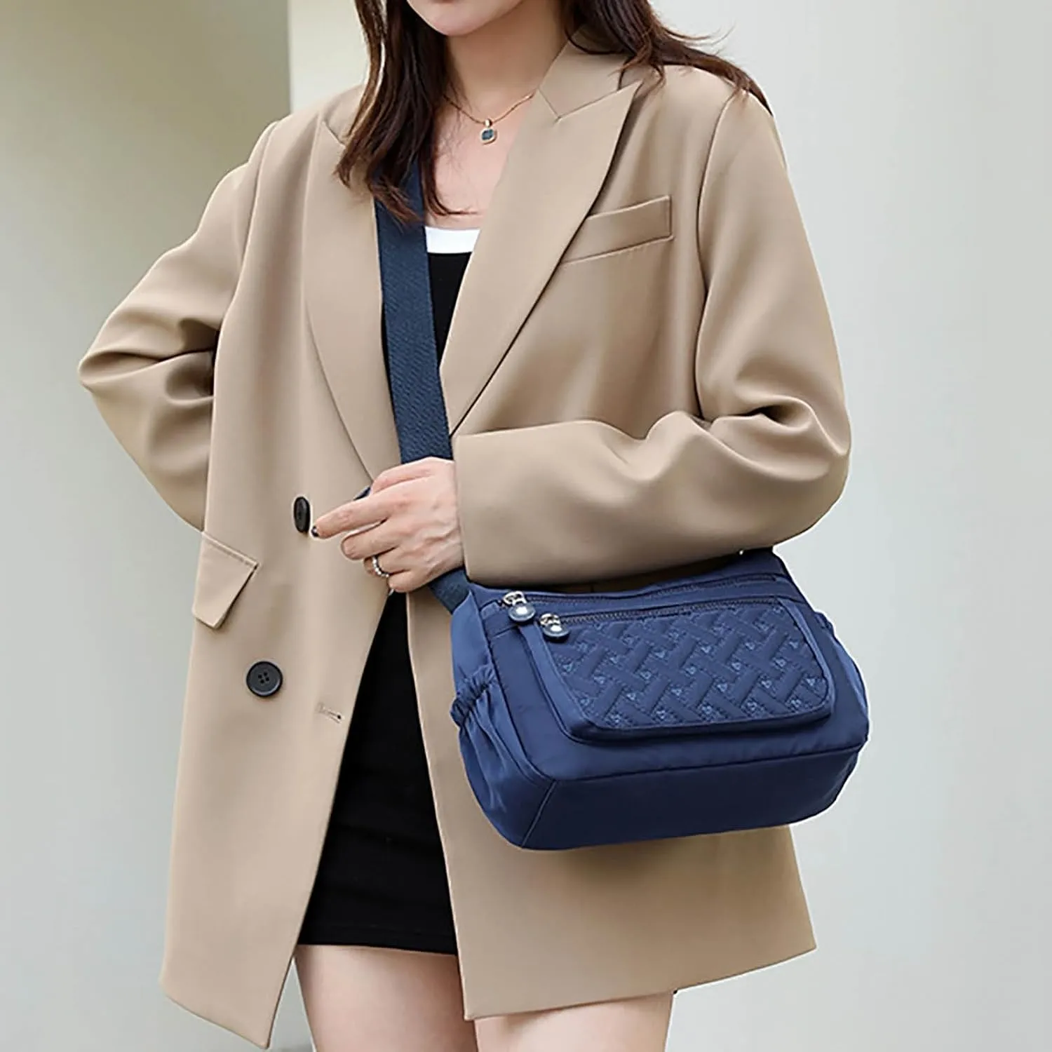 Single Shoulder Women's Bag New Nylon Embroidery Line Bag Canvas Lady's Body Cloth Bags Large Capacity (Blue, One Size)