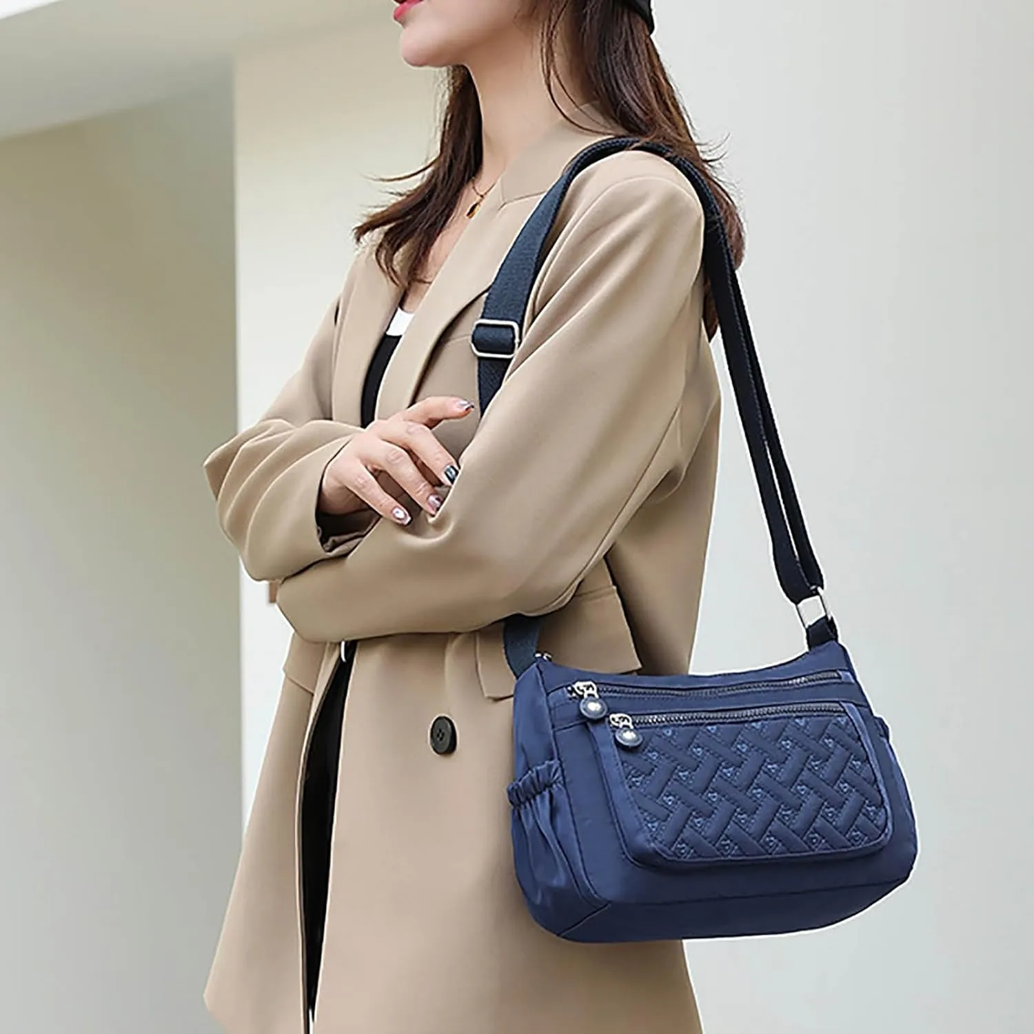 Single Shoulder Women's Bag New Nylon Embroidery Line Bag Canvas Lady's Body Cloth Bags Large Capacity (Blue, One Size)