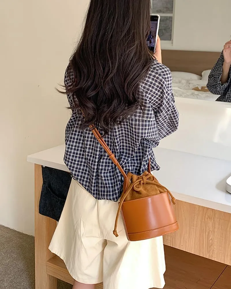 Small Bucket Bag for Women Vintage Vegan Leather Shoulder Crossbody Purse Tote Bag Handbags Drawstring Satchels