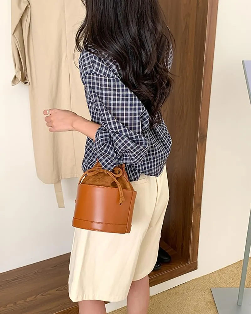Small Bucket Bag for Women Vintage Vegan Leather Shoulder Crossbody Purse Tote Bag Handbags Drawstring Satchels