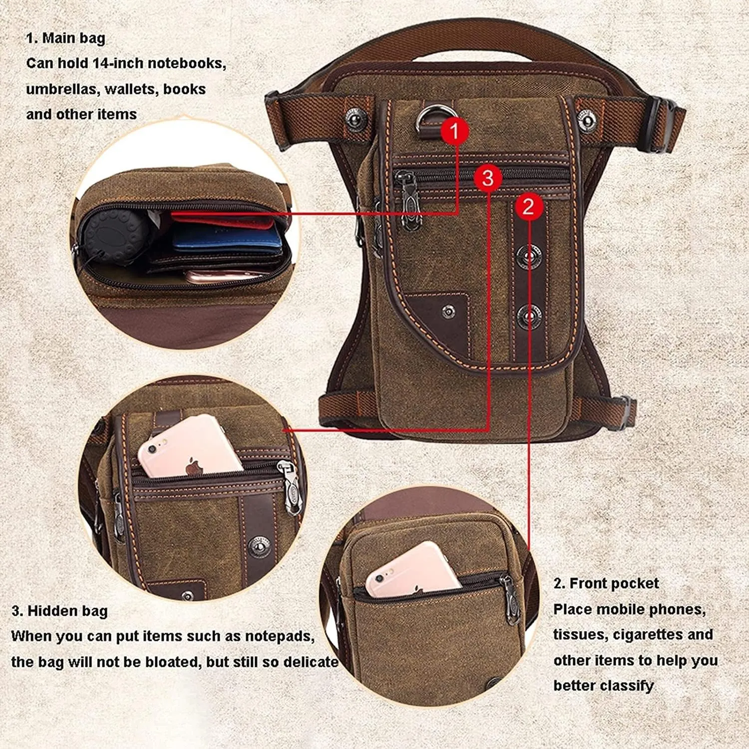 Small Canvas Multi-Purpose Waist Fanny Pack, Drop Leg Bag, Motorcycle Bike Cycling Pouch Pouches