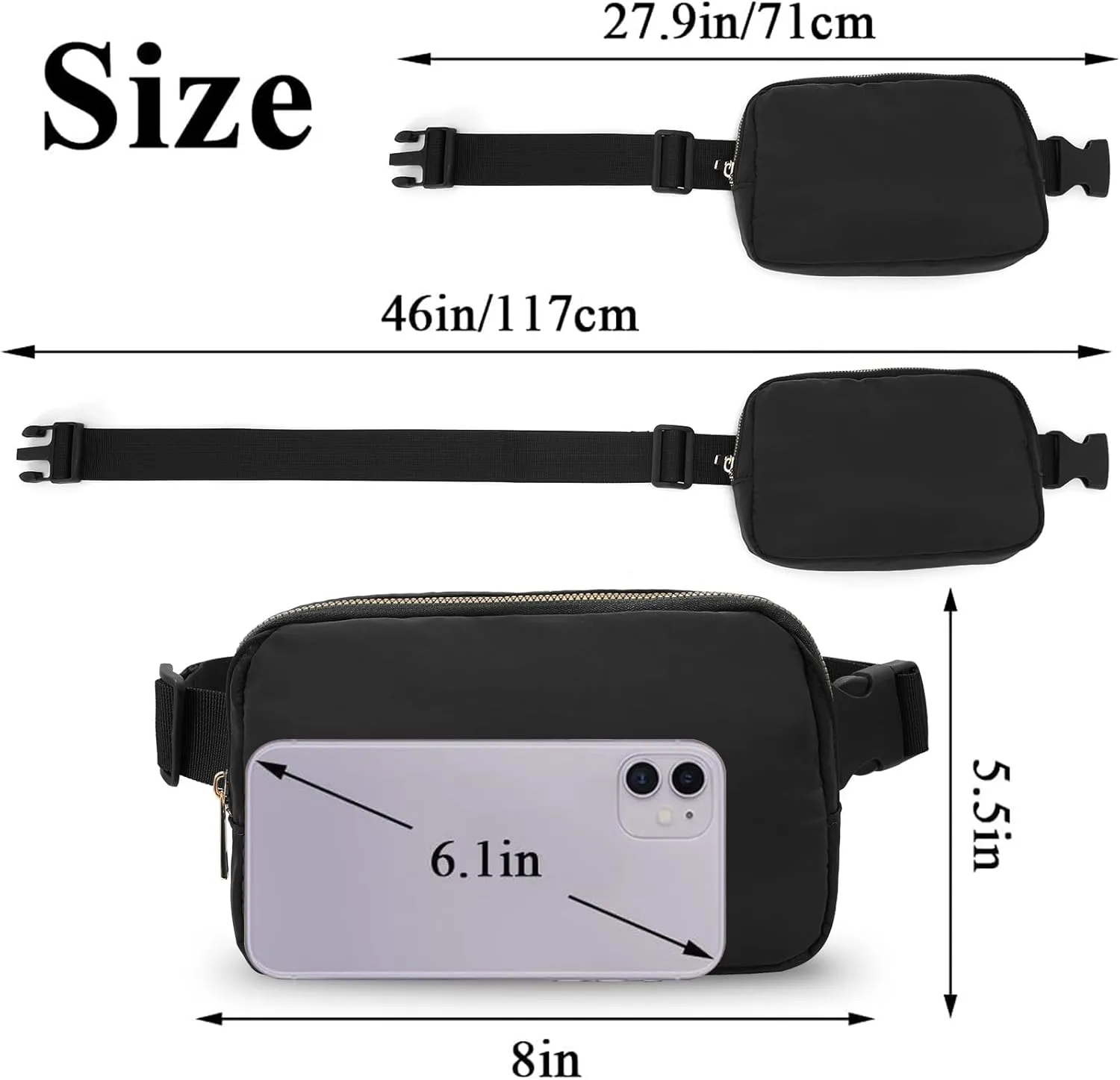 Small Nylon Belt Bag for Women Men Fanny Pack Crossbody Adjustable Strap Sling Chest Bag Bum Hip Waist Bag,black
