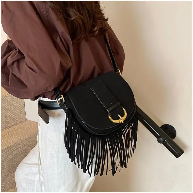 Small Suede Purse Vintage Fringe Saddle Bag for Women Suede Crossbody Purse Trendy Shoulder Bag for Fall 2024