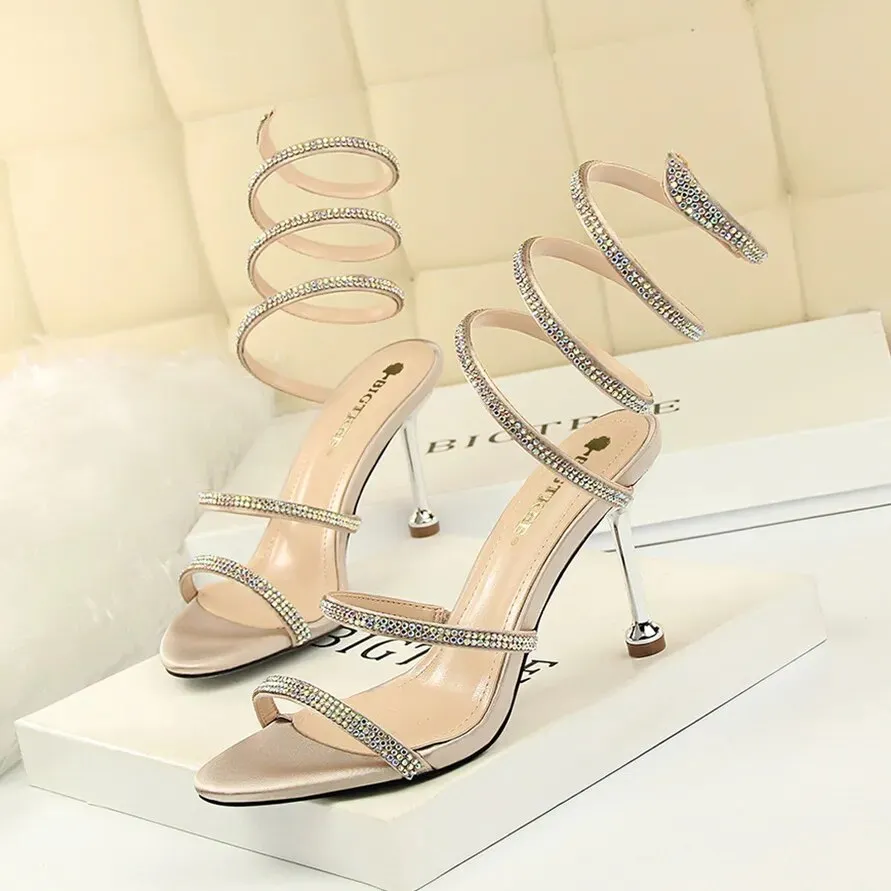 Snake Winding Rhinestone Strap Heels