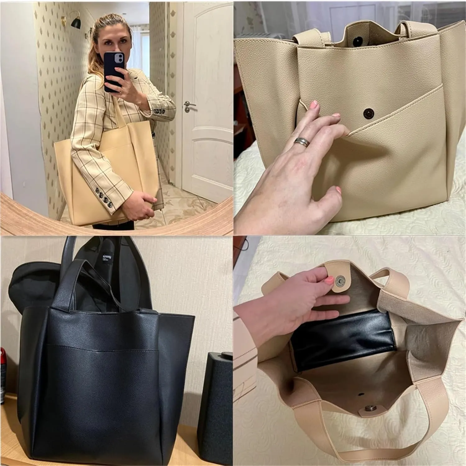 Soft Leather Woman Casual Tote Shopper Solid Color Handbags Large Capacity Single Shoulder Bag with Outer Pocket
