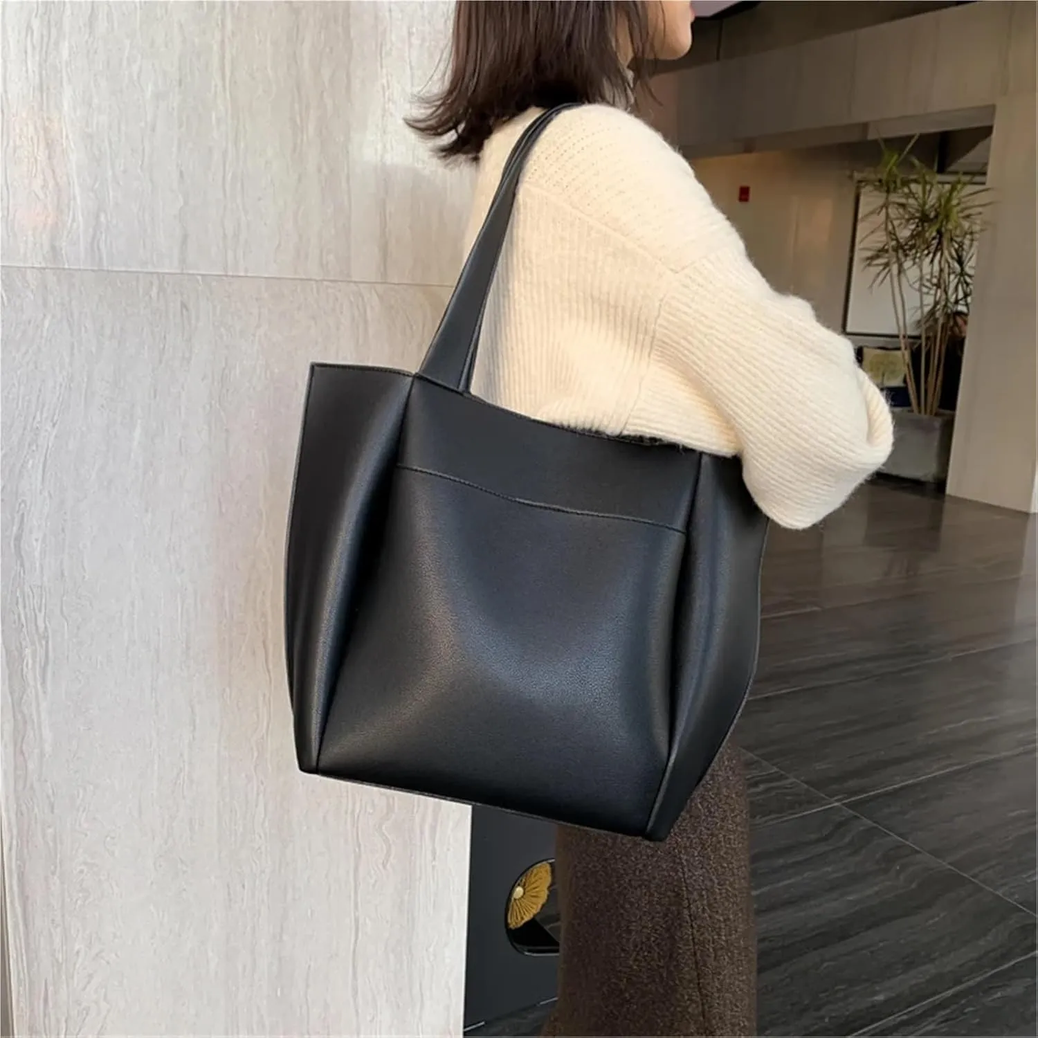 Soft Leather Woman Casual Tote Shopper Solid Color Handbags Large Capacity Single Shoulder Bag with Outer Pocket