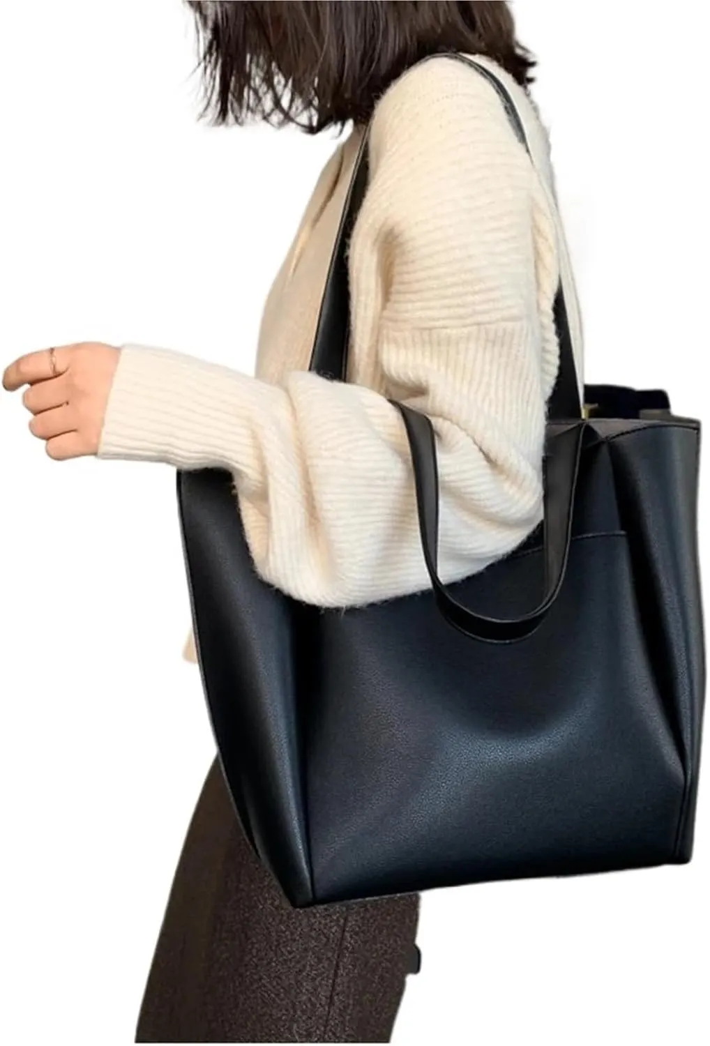 Soft Leather Woman Casual Tote Shopper Solid Color Handbags Large Capacity Single Shoulder Bag with Outer Pocket