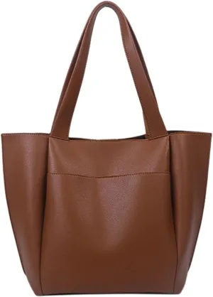 Soft Leather Woman Casual Tote Shopper Solid Color Handbags Large Capacity Single Shoulder Bag with Outer Pocket
