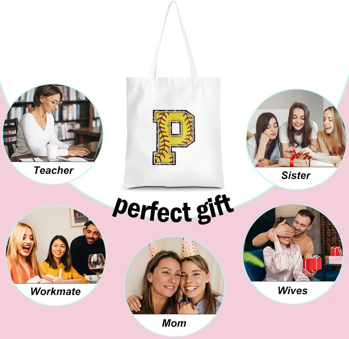 Softball Gifts Initial Tote Bag Reusable Grocery Bags Personalized Beach Bag Wedding Monogrammed Gifts for Women