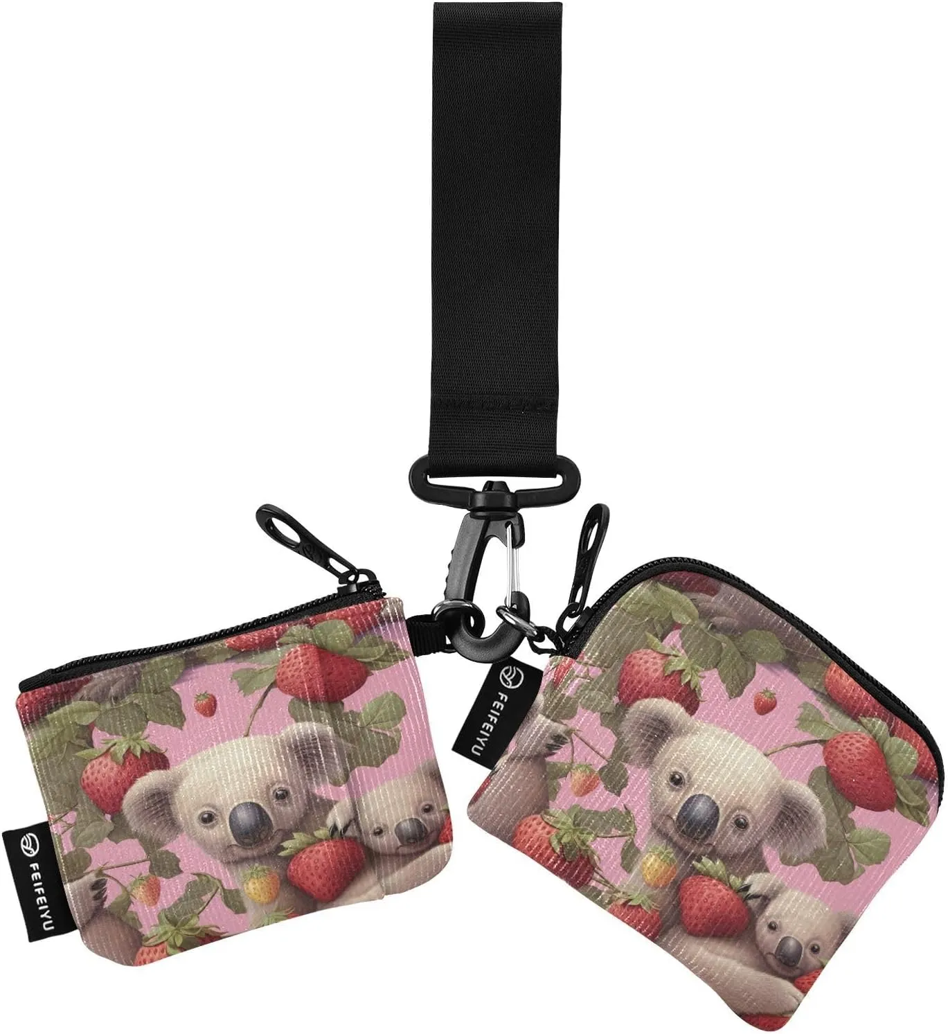 Strawberry Koala Zip Around Wristlet Wallet for Women Portable Detachable Dual Pocket Keychain Wallet Wrist Wallet