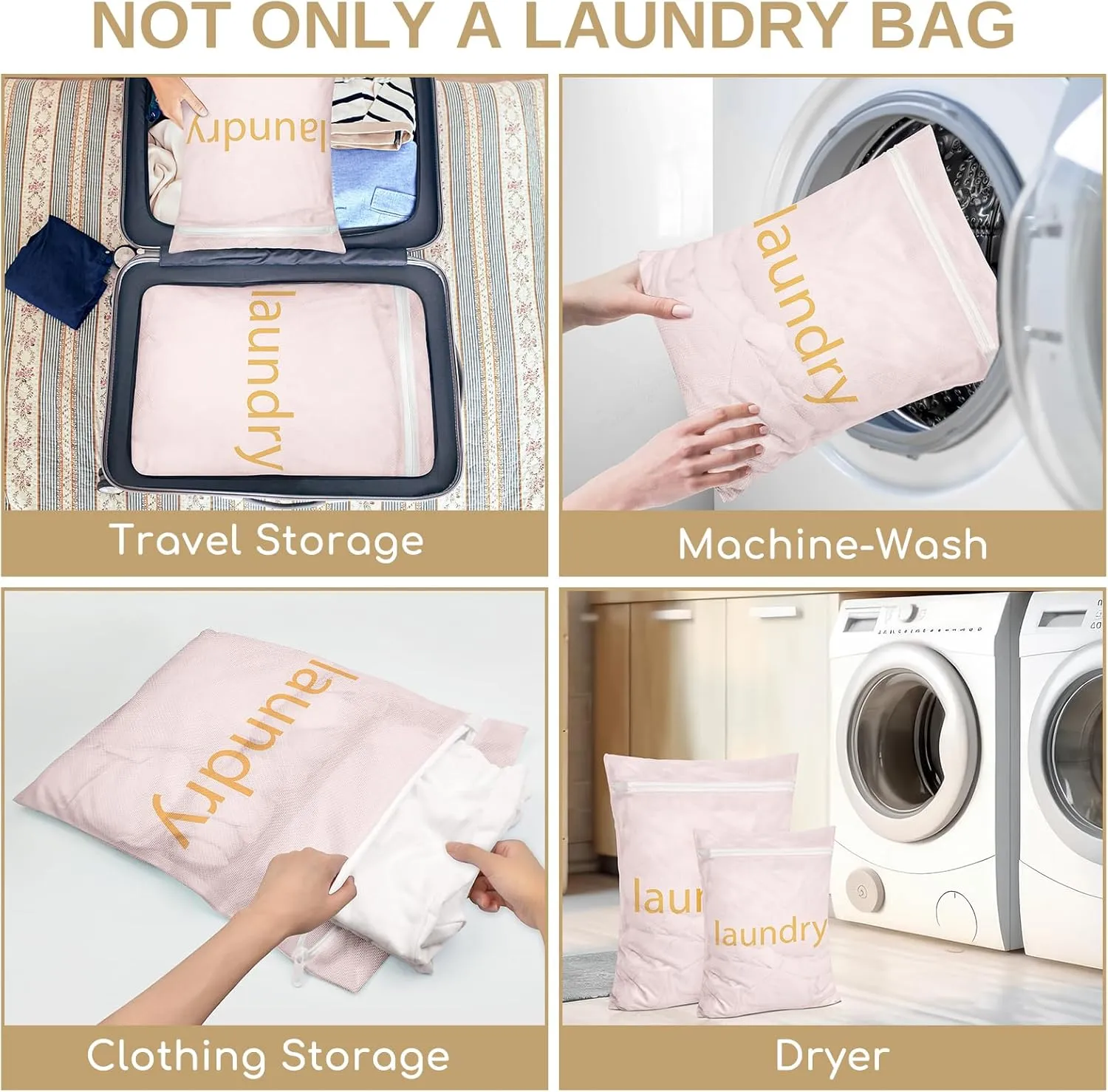 Sylfairy Mesh Laundry Bag for Delicates, Underwear and Lingerie, Travel Storage Organize Bag, Makeup Organizer Bag, 3pcs Medium, Pink, Zipper Closure