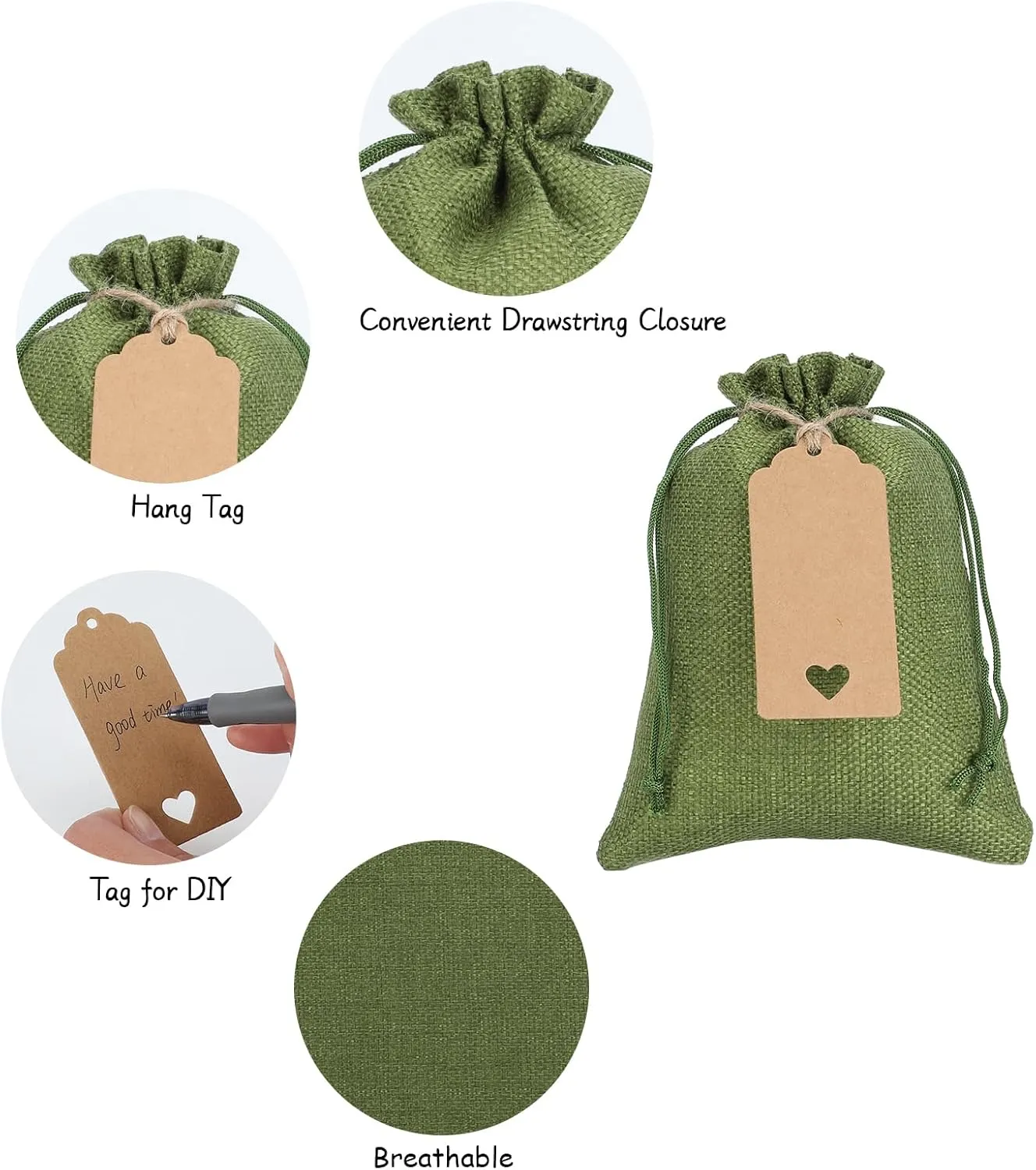 Tapleap Burlap Gift Bags with Drawstring, 5x7 Favor Sacks (Lot of 30) for Wrapping Kids Class Father's Day, Birthday, Wedding, Party or DIY(Green)