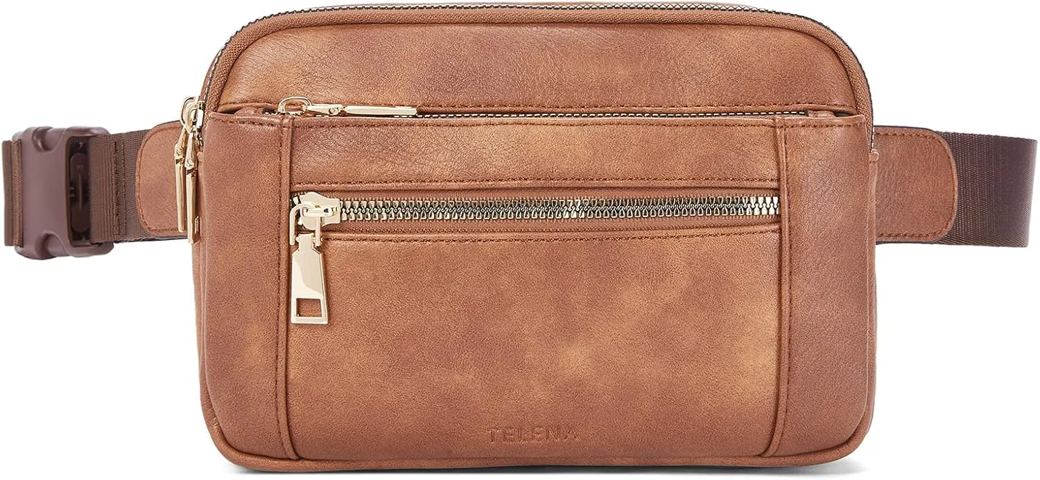 Telena Fanny Packs for Women Cross Body Leather Belt Bag Fashionable with Adjustable Strap Brown