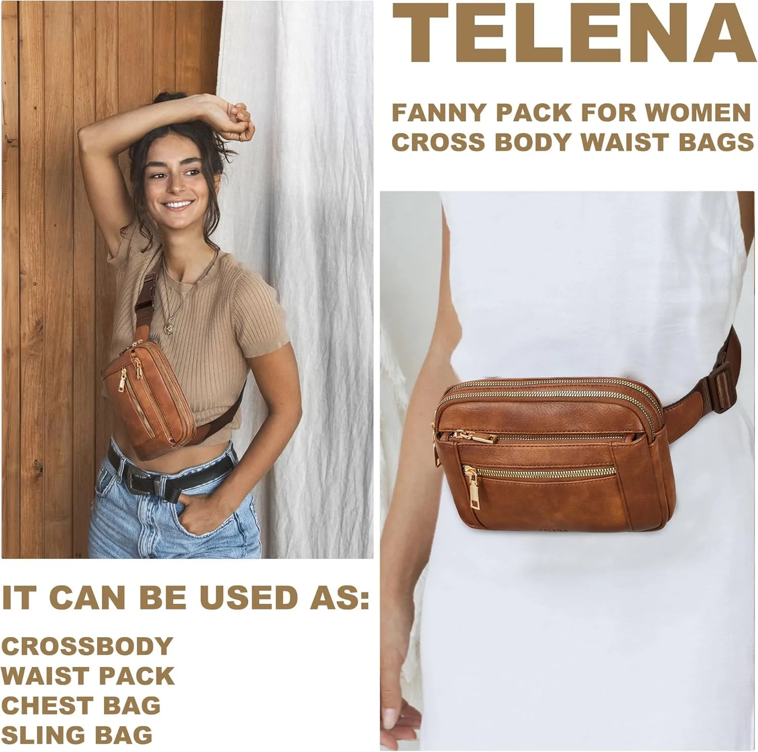 Telena Fanny Packs for Women Cross Body Leather Belt Bag Fashionable with Adjustable Strap Brown