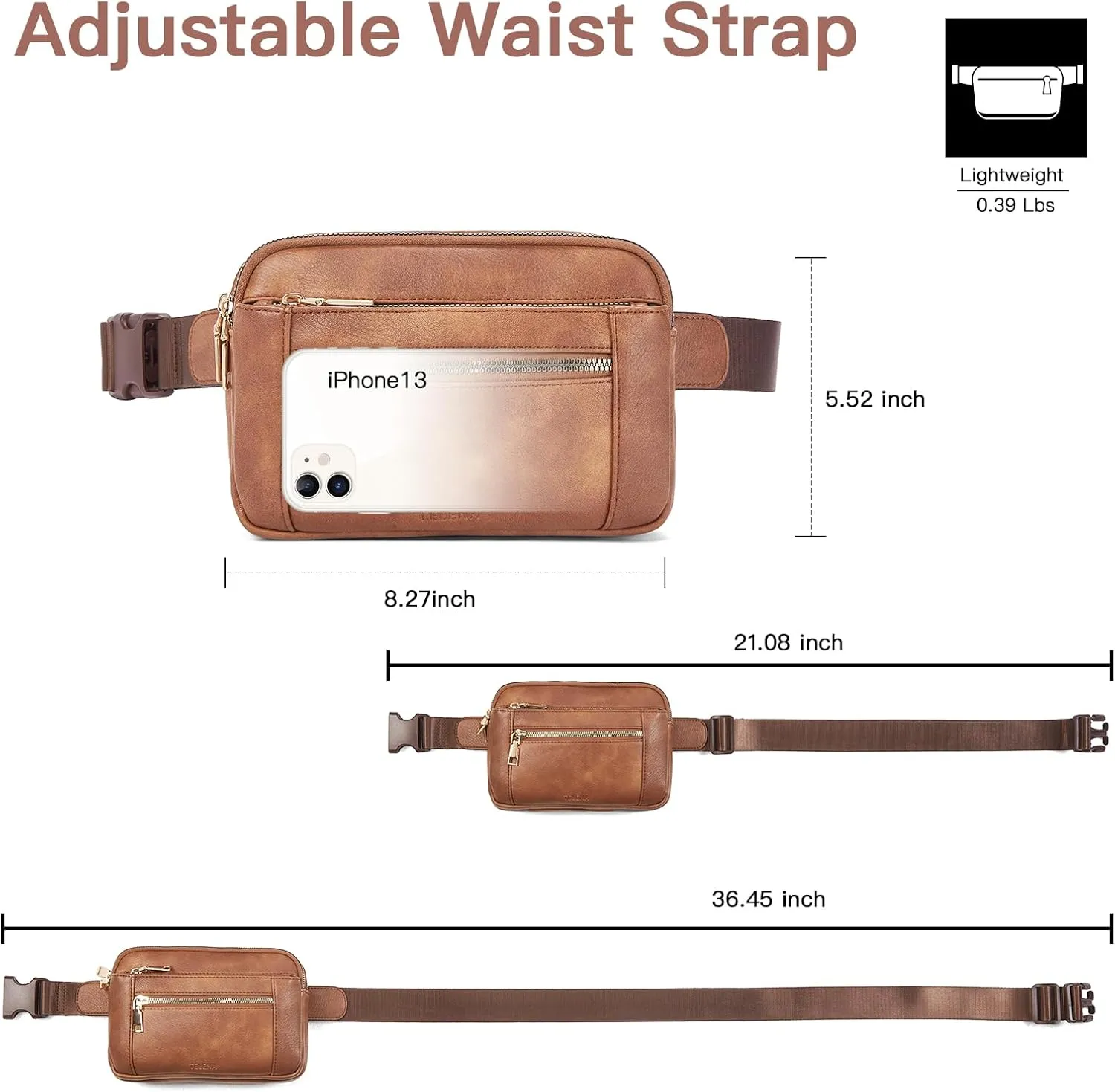 Telena Fanny Packs for Women Cross Body Leather Belt Bag Fashionable with Adjustable Strap Brown