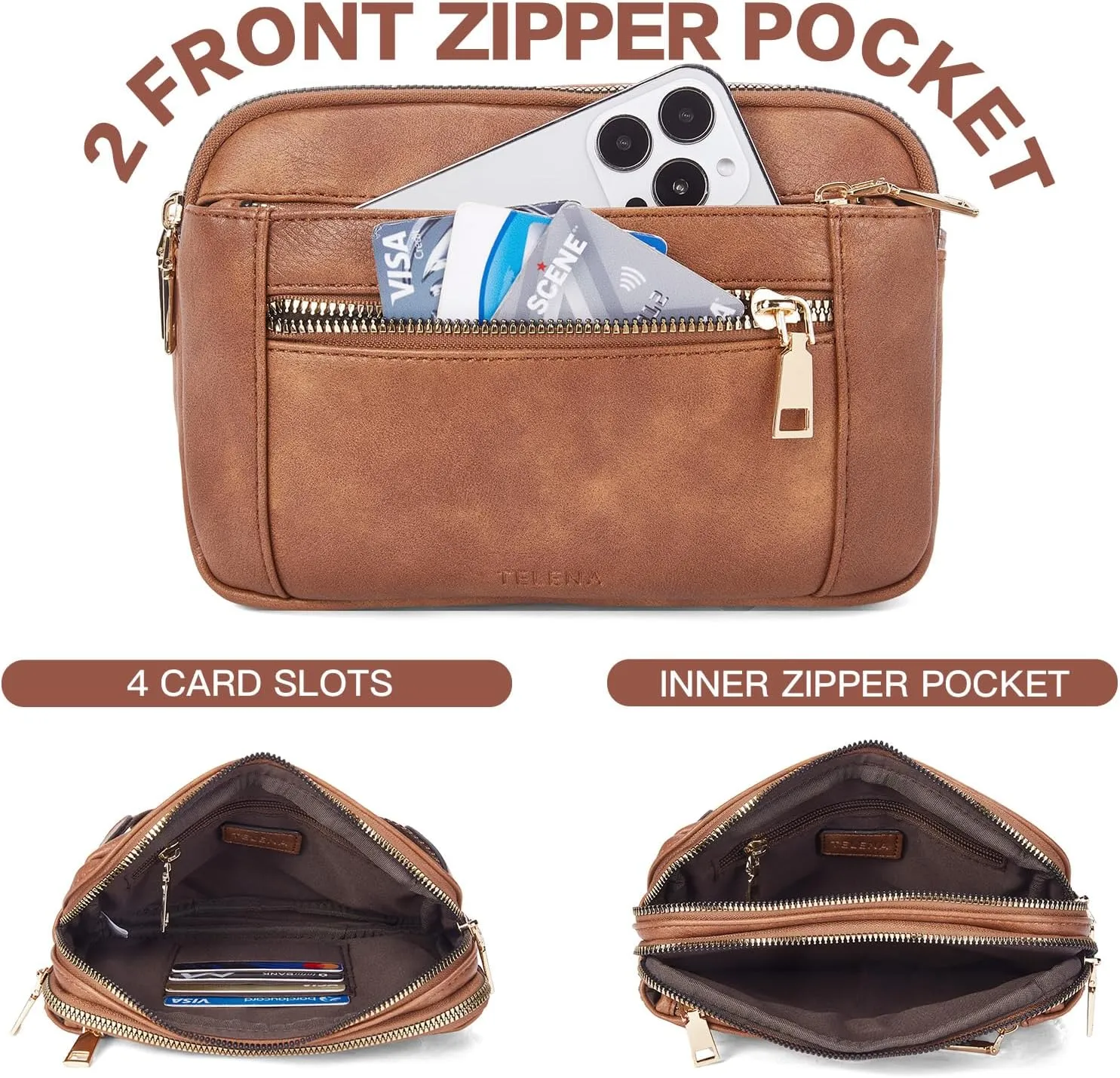 Telena Fanny Packs for Women Cross Body Leather Belt Bag Fashionable with Adjustable Strap Brown