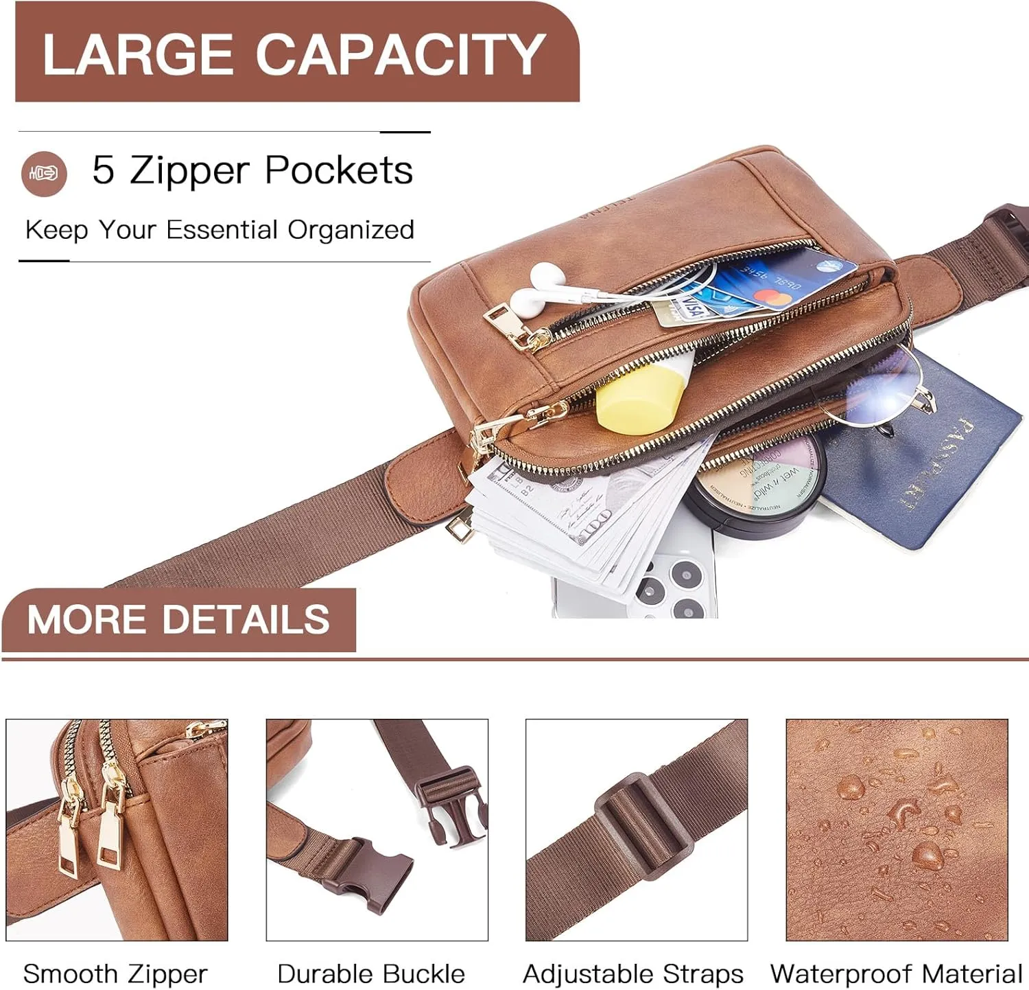 Telena Fanny Packs for Women Cross Body Leather Belt Bag Fashionable with Adjustable Strap Brown