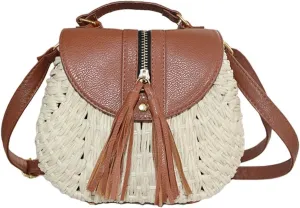 TONWHAR Retro Beach Bag with Tassels Hand-woven Straw Purse (Light Brown)