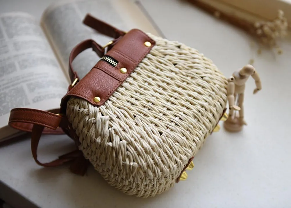 TONWHAR Retro Beach Bag with Tassels Hand-woven Straw Purse (Light Brown)