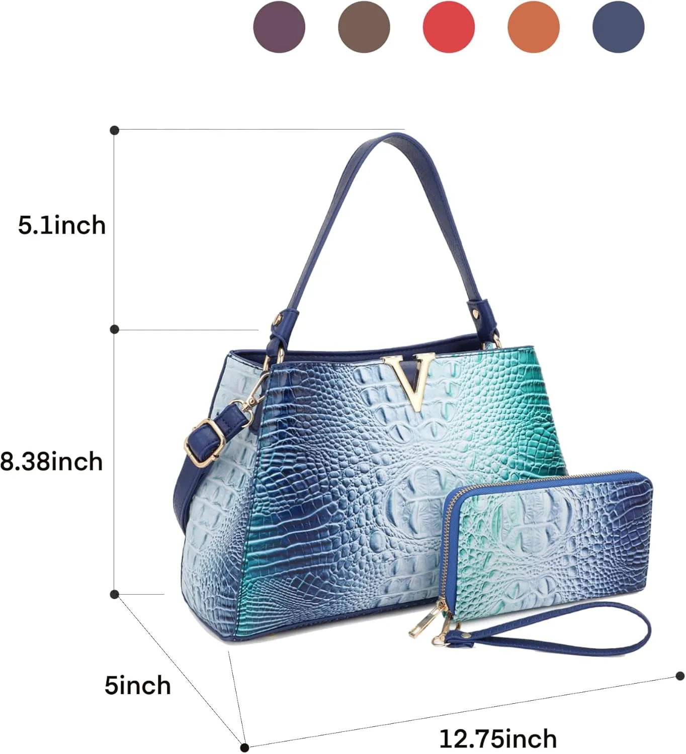 Top Handle Bag For Women, Crocodile Pattern Crossbody Designer Satchels, Adjustable Strap With Wallet For Ladies 2pcs