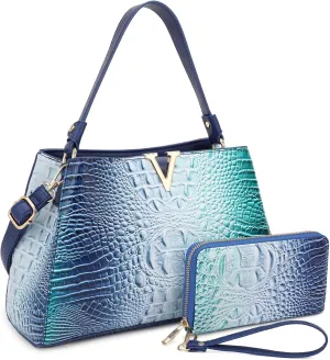 Top Handle Bag For Women, Crocodile Pattern Crossbody Designer Satchels, Adjustable Strap With Wallet For Ladies 2pcs