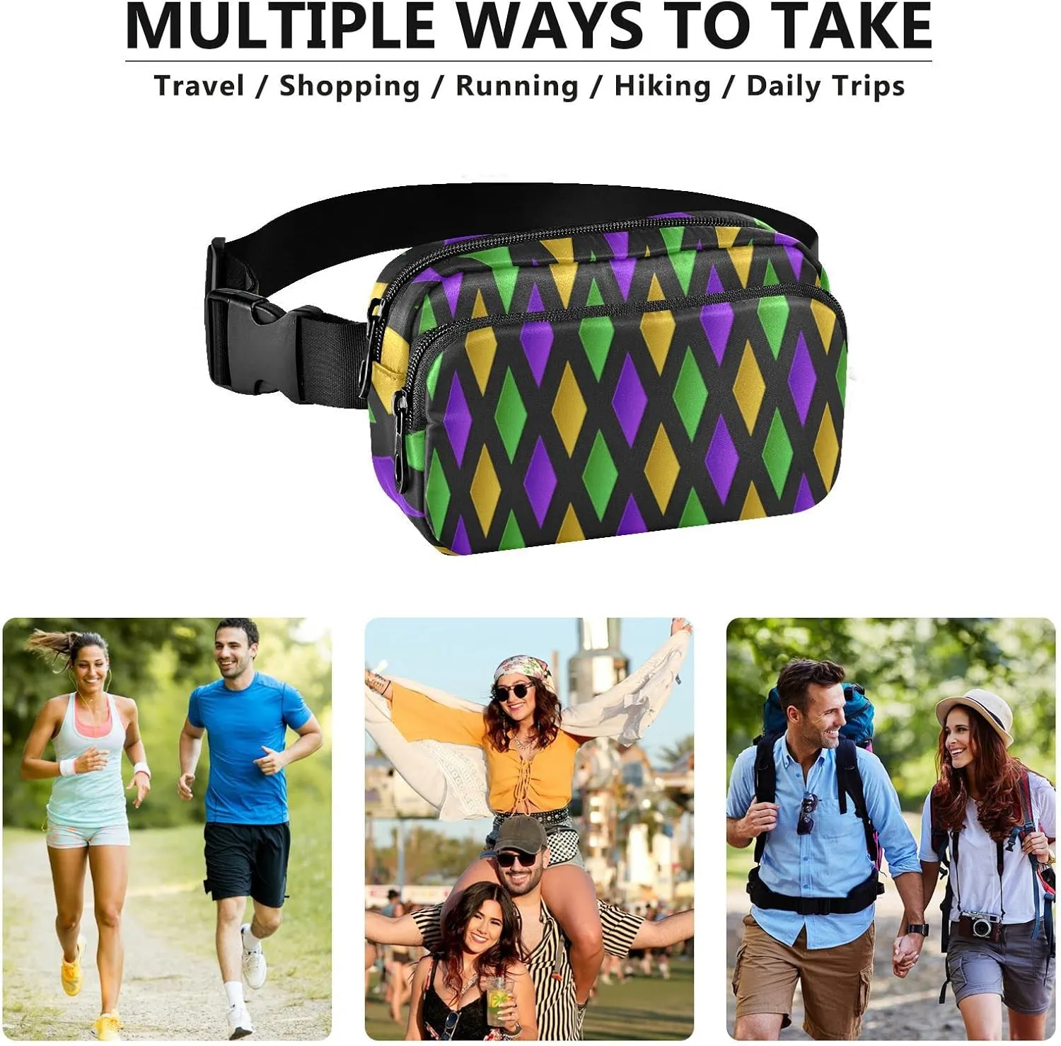 Traditional Mardi Gras Fanny Pack for Women Men Crossbody Belt Bag Fashion Waist Packs Purse with Adjustable Strap Dupes for Cycling Running Hiking