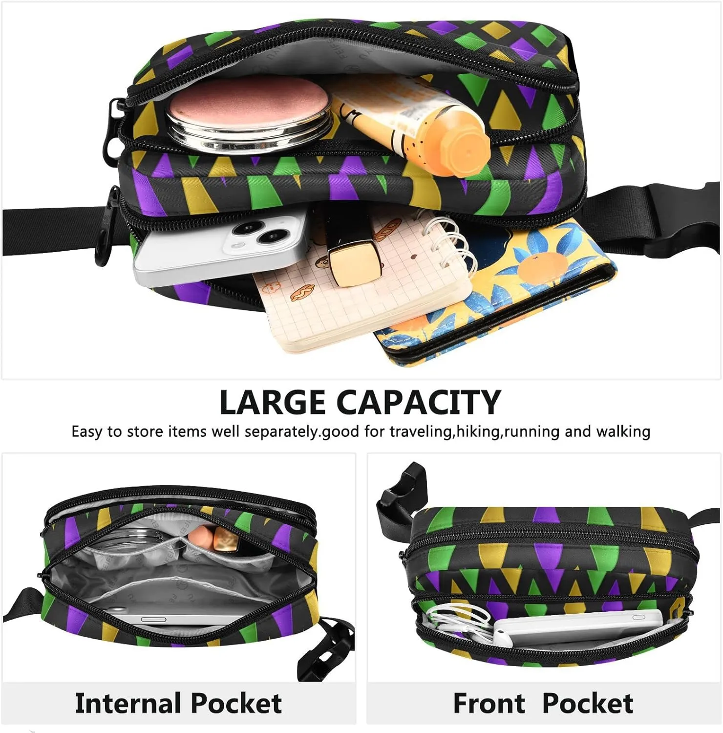 Traditional Mardi Gras Fanny Pack for Women Men Crossbody Belt Bag Fashion Waist Packs Purse with Adjustable Strap Dupes for Cycling Running Hiking