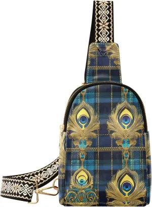 trendy Blue and Gold Peacock Feather Check leather fanny pack cute black fanny pack for for day pack