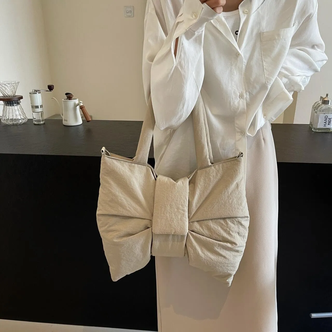Trendy Bow Design Shoulder Crossbody Bags for Women Quilted Large Nylon Hobos Handbags and Purses Lightweight