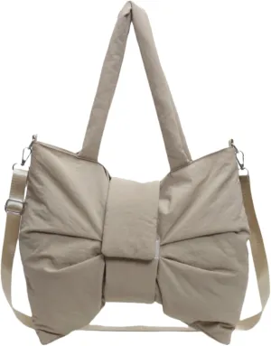Trendy Bow Design Shoulder Crossbody Bags for Women Quilted Large Nylon Hobos Handbags and Purses Lightweight