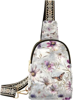 Trendy Oil Painting Feeling Purple Daisies Butterfly crossbody fanny pack leather fanny pack crossbody bags for hiking