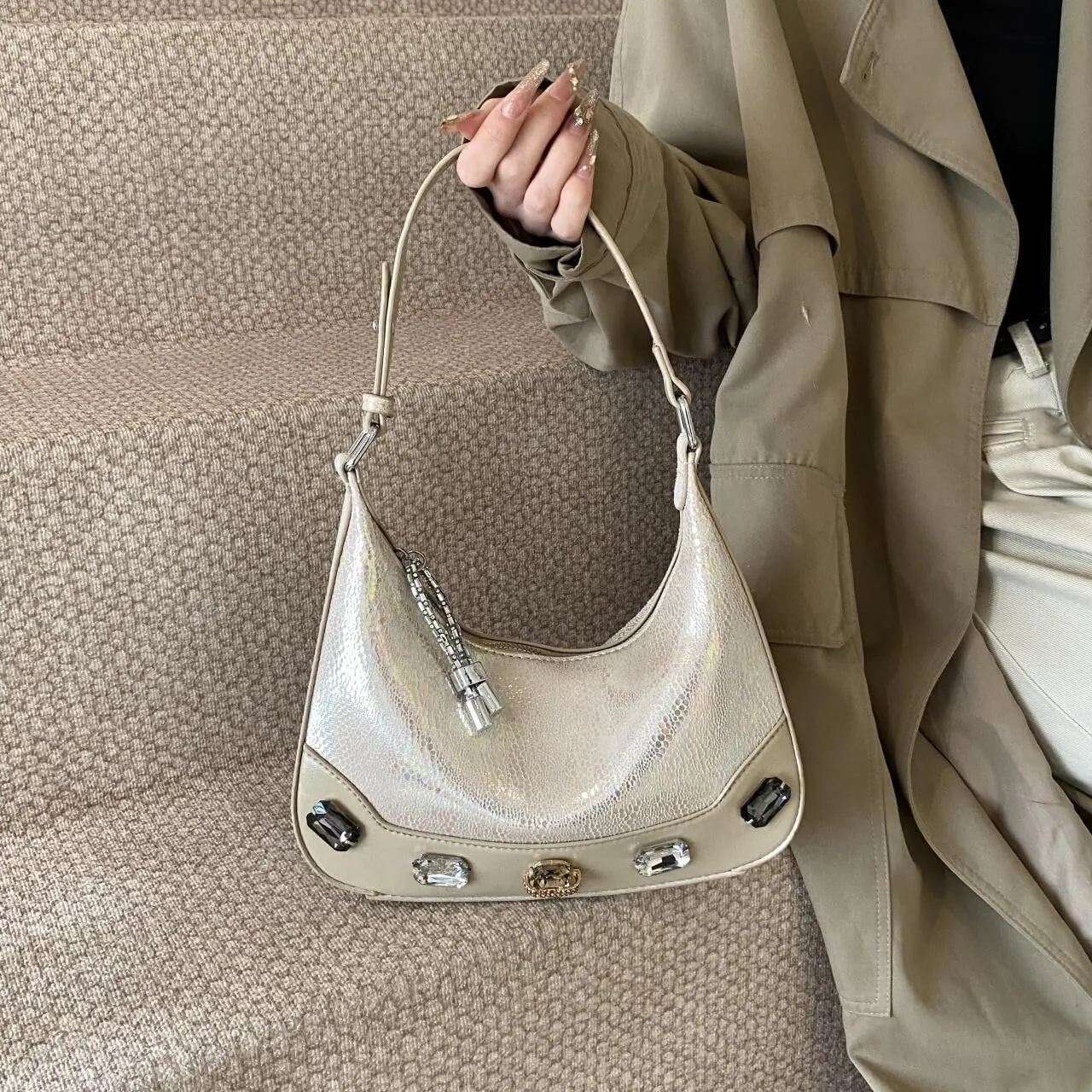 Trendy Snake Print Hobos Handbag Purse for Women Shoulder Crossbody Bag Retro Diamond Totes with Removable Strap