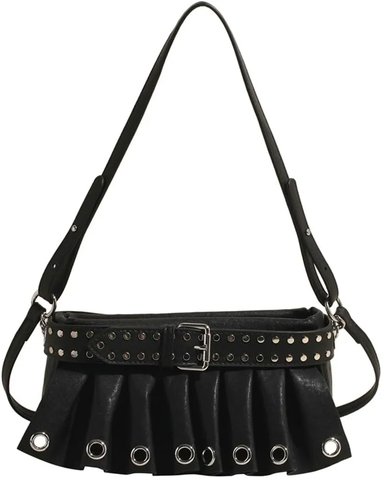 Trendy Studded Shoulder Bags for Women Vegan Leather Small Crossbody Tote Purse Y2K Pleated Handbag Satchels
