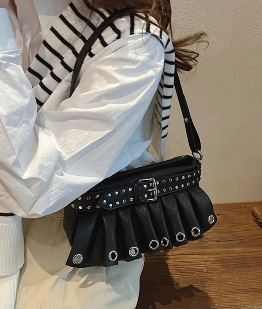 Trendy Studded Shoulder Bags for Women Vegan Leather Small Crossbody Tote Purse Y2K Pleated Handbag Satchels