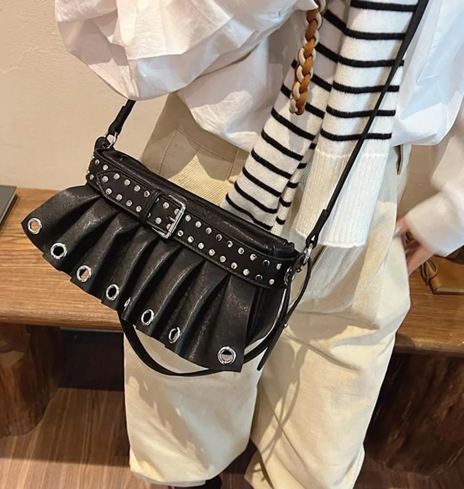 Trendy Studded Shoulder Bags for Women Vegan Leather Small Crossbody Tote Purse Y2K Pleated Handbag Satchels