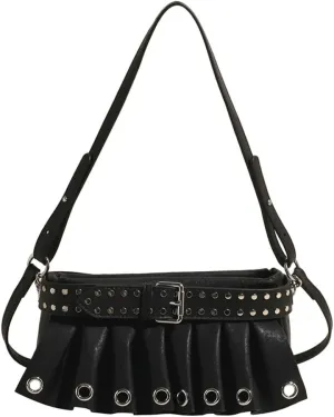 Trendy Studded Shoulder Bags for Women Vegan Leather Small Crossbody Tote Purse Y2K Pleated Handbag Satchels