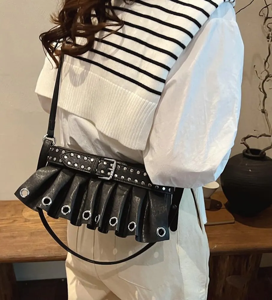 Trendy Studded Shoulder Bags for Women Vegan Leather Small Crossbody Tote Purse Y2K Pleated Handbag Satchels